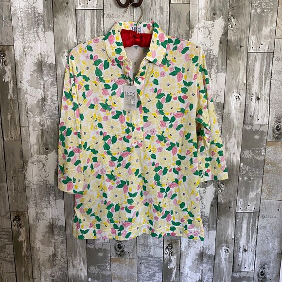 VTG NWT Leon Levine yellow and pink floral 1/4 sleeve collar top PS - Picture 1 of 7